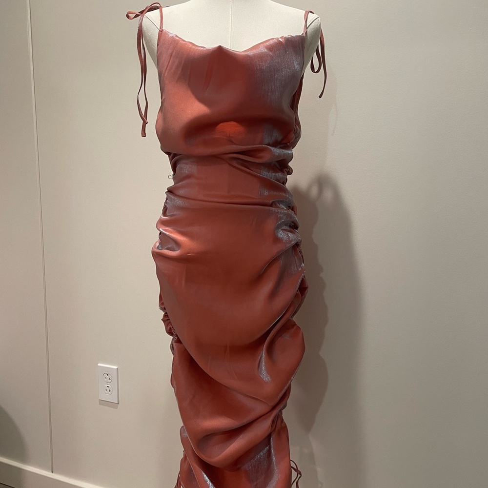 PrettyLittleThing Strapless Satin Dress in Rust